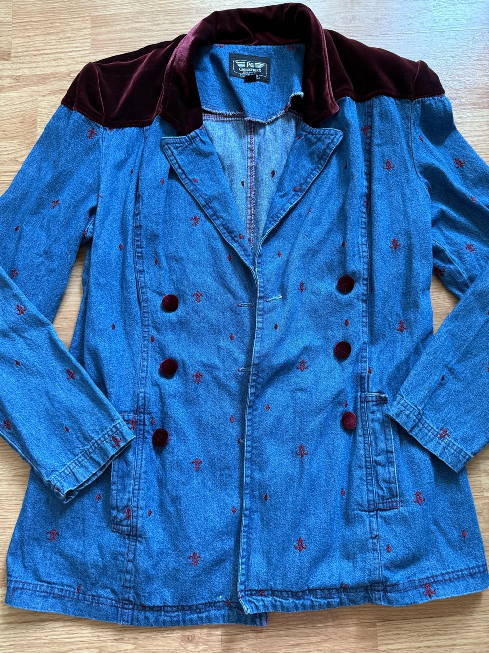VTG 80s PG Collections Ginger Bort Denim Velvet Blazer Jacket USA Made 12